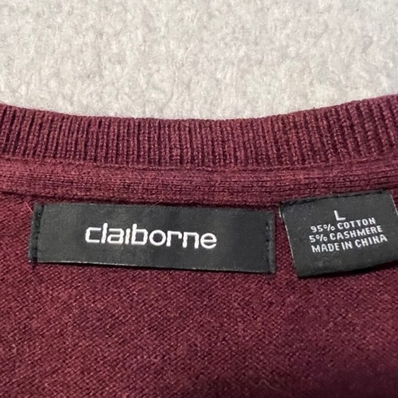 Claiborne Mens Maroon V-Neck Cotton Cashmere Blend Pullover Sweater Size LG - Picture 7 of 11